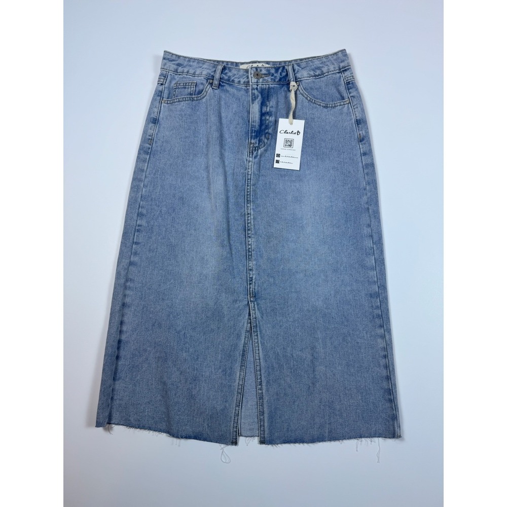 Charlie B Women Summer Light Wash Denim Midi Skirt Front Slit Raw Hem Size 8 NEW